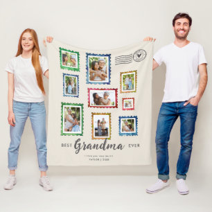 Best Grandma Ever 9-Photo Vintage Stamp Beige Fleece Blanket