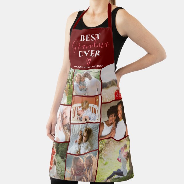 Best grandma ever burgundy 10 photo collage grid apron (Insitu)
