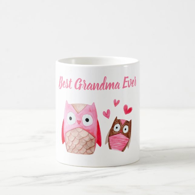 Best Grandma Ever Cute Owls Personalised Pink Coffee Mug (Center)