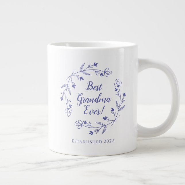 Best Grandma Ever Family Floral Wreath Year Blue Large Coffee Mug (Right)