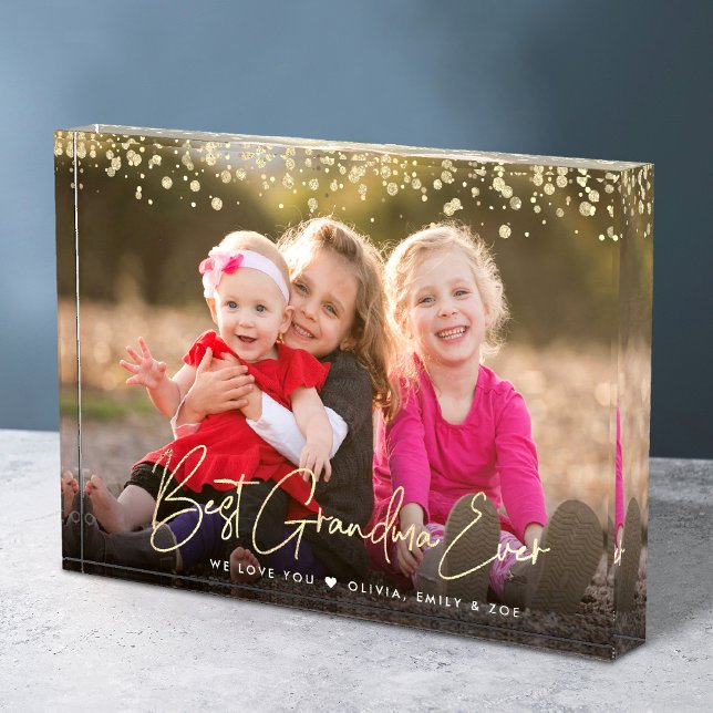 Best Grandma Ever Gold Glitter Script Custom Name Photo Block (Creator Uploaded)