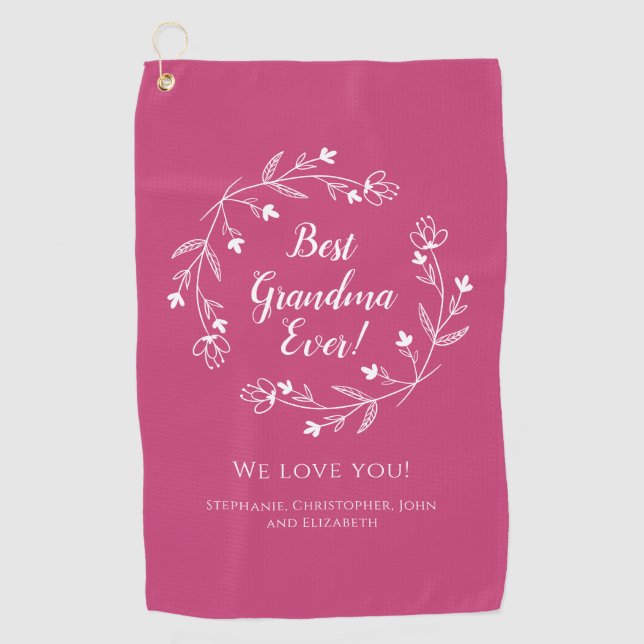 Best Grandma Ever Golfer Keepsake Grandkids Pink Golf Towel (Front)
