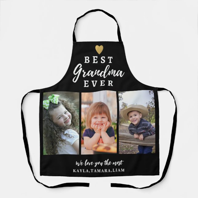 Best Grandma Ever Grandkids 3 Photo Collage Black Apron (Front)