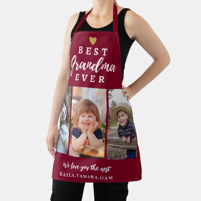  Best Grandma Ever Grandkids 3 Photo Maroon Apron (Insitu)