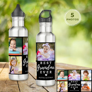 Best Grandma Ever Grandkids 5 Photo Collage Black 710 Ml Water Bottle