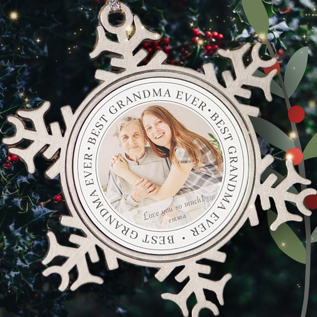 Best Grandma Ever Modern Classic Photo Snowflake Pewter Christmas Ornament (Creator Uploaded)