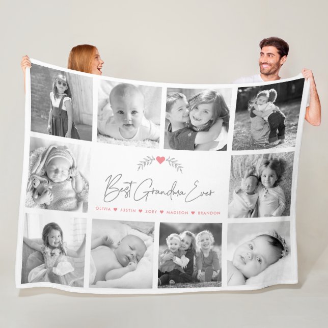 Best Grandma Ever Modern Script 10 Photo Collage Fleece Blanket (In Situ)