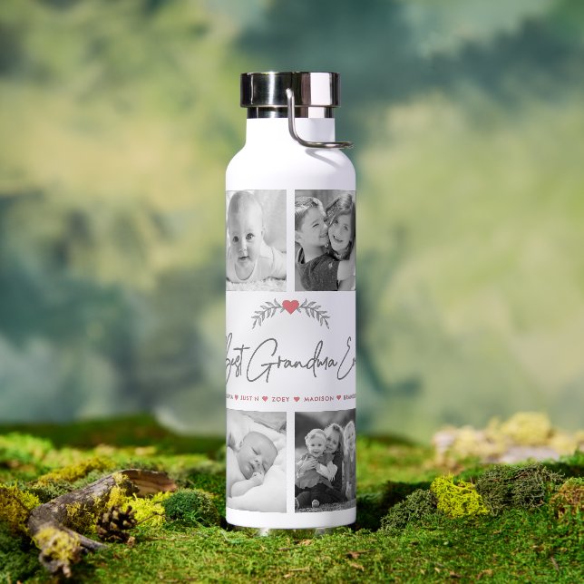 Best Grandma Ever Modern Script 10 Photo Collage Water Bottle (Outdoor)