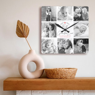 Best Grandma Ever Modern Script 8 Photo Collage Square Wall Clock