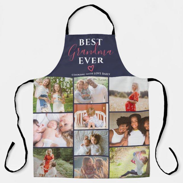Best grandma ever navy blue 10 photo collage grid apron (Front)