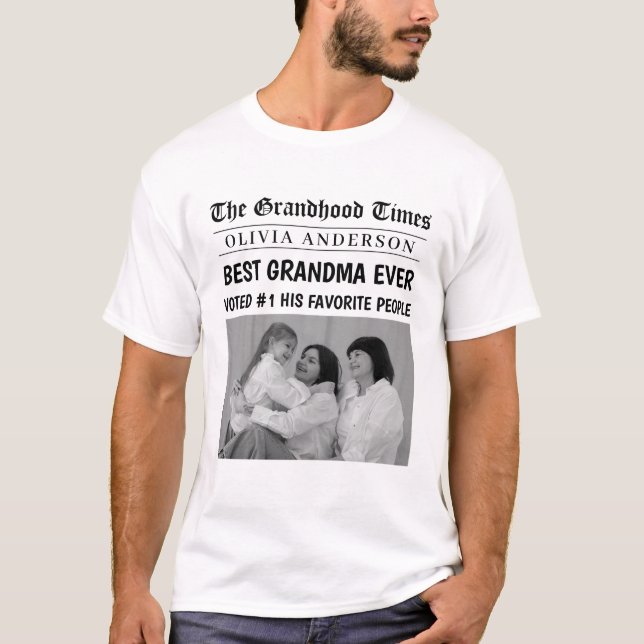 Best Grandma Ever Personalised Newspaper Photo  T-Shirt (Front)