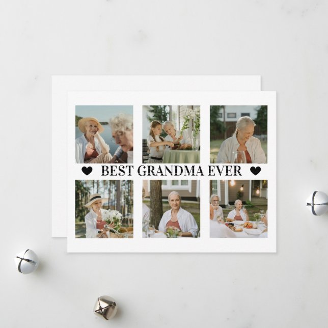 Best Grandma Ever Photo Collage – Gift with Hearts Holiday Card (Front/Back In Situ)