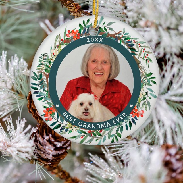 Best Grandma Ever Photo Elegant Christmas Floral   Ceramic Tree Decoration (Creator Uploaded)
