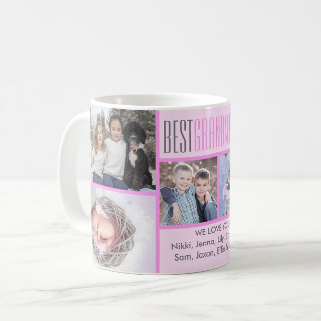 Best Grandma Ever | Pink Custom 5 Photo Collage Coffee Mug (Front Left)