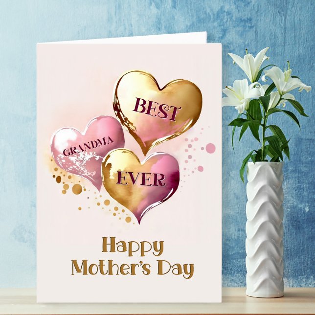 Best Grandma Ever Pink Gold Hearts Mother's Day Holiday Card (Creator Uploaded)