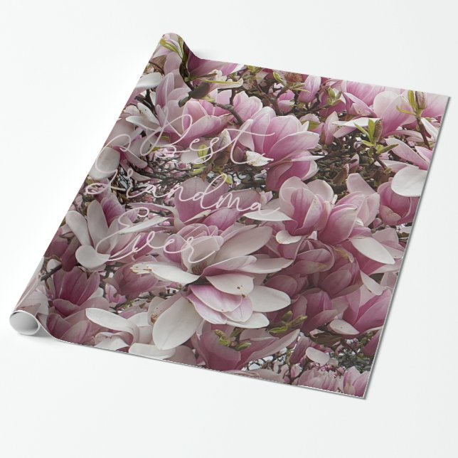 Best Grandma Ever Pink Magnolia Flowers Floral Wrapping Paper (Unrolled)