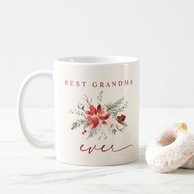 Best Grandma Ever Poinsettia Greenery Christmas Coffee Mug (With Donut)