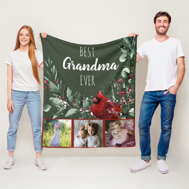 Best Grandma Ever Pretty Red Cardinal Photo Xmas Fleece Blanket (In Situ)