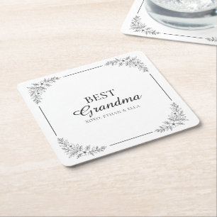 Best Grandma Ever Stylish Black & White Floral Square Paper Coaster