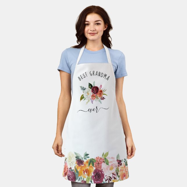Best Grandma Ever | Trendy Burgundy Boho Floral Apron (Worn)