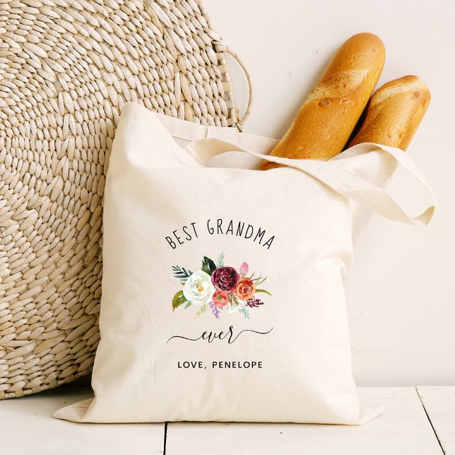 Best Grandma Ever | Trendy Burgundy Boho Floral Tote Bag (Creator Uploaded)