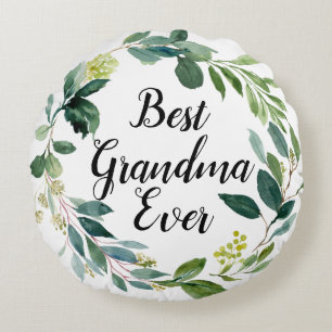 Best Grandma Ever Watercolor Foliage Wreath Photo Round Cushion