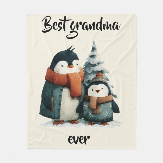 Best Grandma Ever Winter Penguins Fleece Blanket (Front)