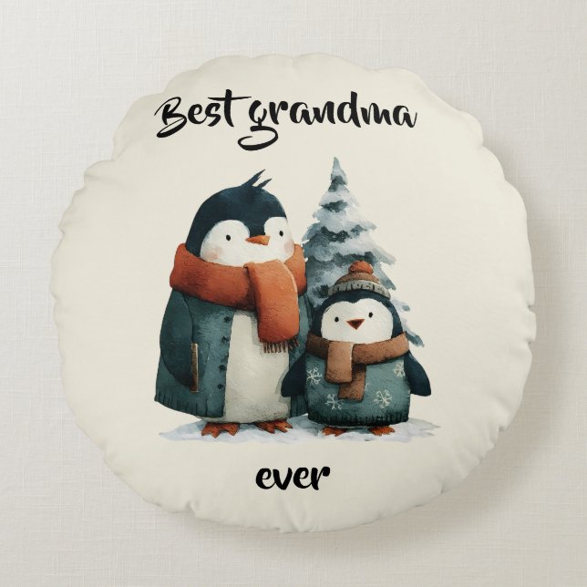 Best Grandma Ever Winter Penguins Round Cushion (Front)
