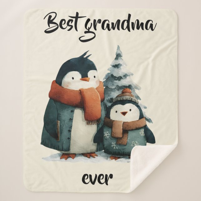 Best Grandma Ever Winter Penguins Sherpa Blanket (Front)