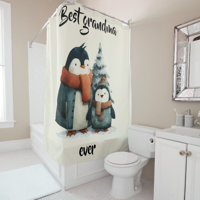 Best Grandma Ever Winter Penguins Shower Curtain (In Situ)