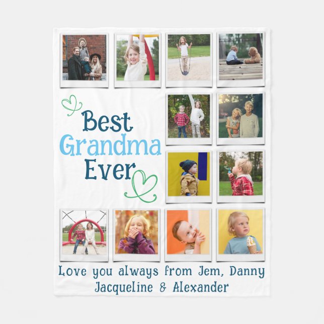 Best Grandma Family Photo Collage Fleece Blanket (Front)