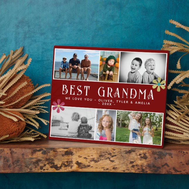 Best Grandma Flower 6 Photo Collage Keepsake  Plaque (Side)