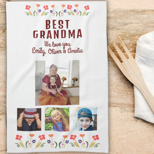 Best Grandma Flowers 4 Photo Collage Keepsake  Tea Towel