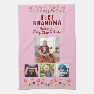 Best Grandma Flowers 4 Photo Collage Keepsake  Tea Towel