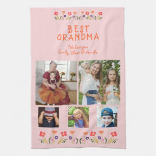 Best Grandma Flowers 5 Photo Collage Keepsake  Tea Towel