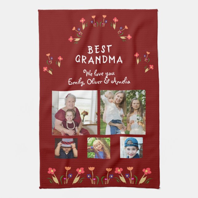 Best Grandma Flowers 5 Photo Collage Keepsake  Tea Towel (Vertical)