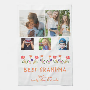 Best Grandma Flowers 5 Photo Collage Keepsake Tea Towel