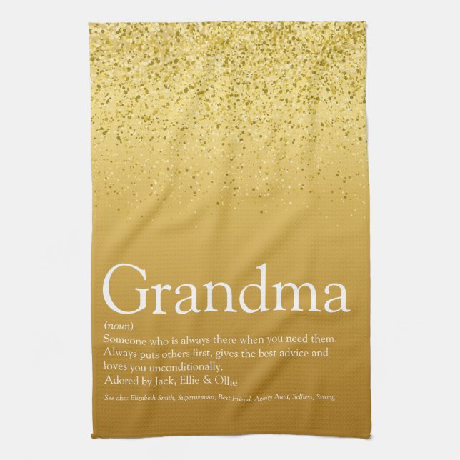 Best Grandma, Grandmother Definition Gold Glitter Tea Towel (Vertical)