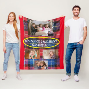 Best Grandma in Plaid 4 Family Photos Red Border Fleece Blanket