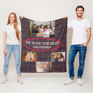 Best Grandma in Tartan Plaid 4 photos White Font Fleece Blanket