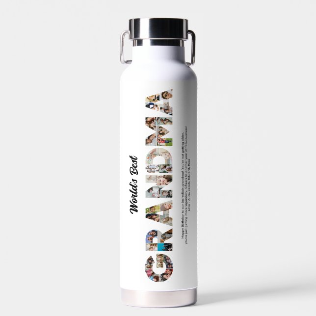 Best Grandma Photo Collage Letter Cutout Birthday Water Bottle (Front)
