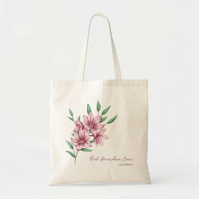 Best Grandma Pink Floral Typography Tote Bag (Front)