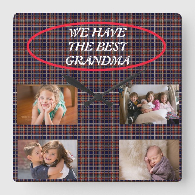 Best Grandma Tartan Plain 4 Family Photos Square Wall Clock (Front)