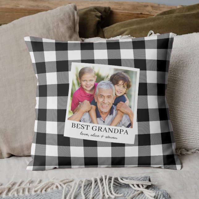 Best Grandpa Black and White Plaid Photo Cushion (Creator Uploaded)