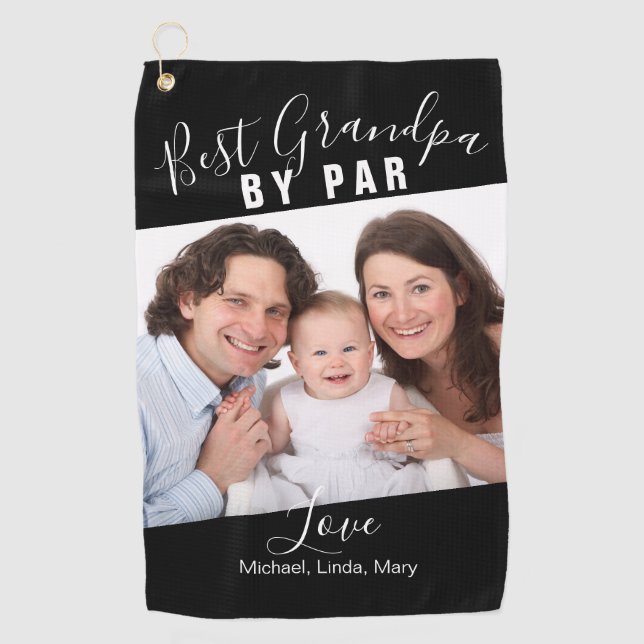 Best Grandpa By Par Family Photo Name Script Golf Towel (Front)