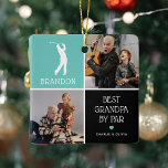Best Grandpa by Par Photo Collage Christmas Ceramic Ornament<br><div class="desc">Surprise your golf pro Grandpa this Christmas with this cute photo keepsake ornament. The 'Best Grandpa by Par' design lets you upload 2 custom photos from your phone or computer, and personalise the modern white golfer illustration with his name and a grandkid name. Every colour and text element, including the...</div>