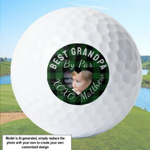 Best Grandpa Custom Kids Photo Green Buffalo Plaid Golf Balls