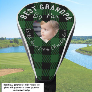 Best Grandpa Custom Kids Photo Green Buffalo Plaid Golf Head Cover