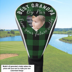 Best Grandpa Custom Kids Photo Green Buffalo Plaid Golf Head Cover