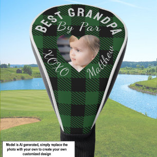 Best Grandpa Custom Kids Photo Green Buffalo Plaid Golf Head Cover